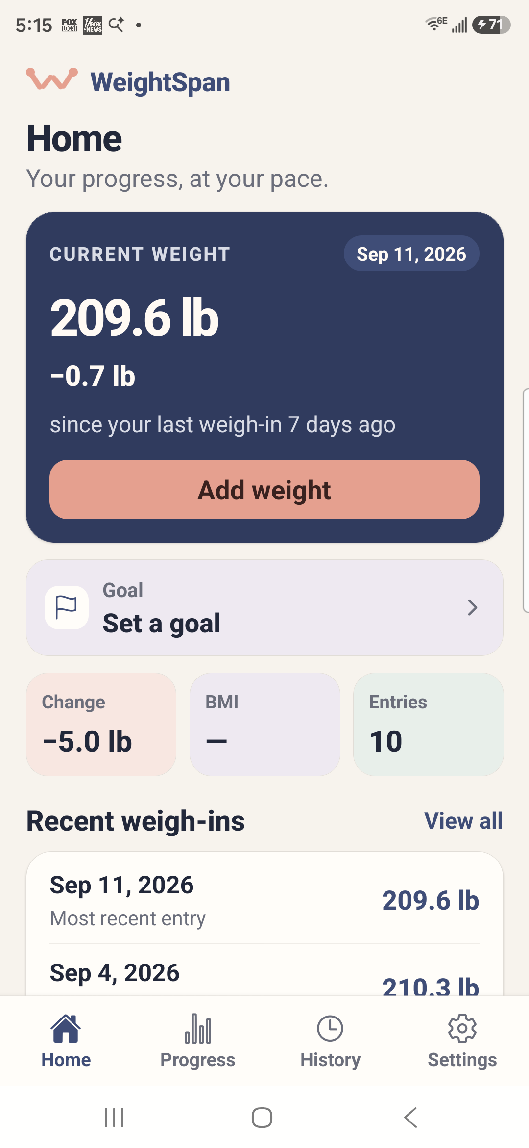 WeightSpan home screen with sample data